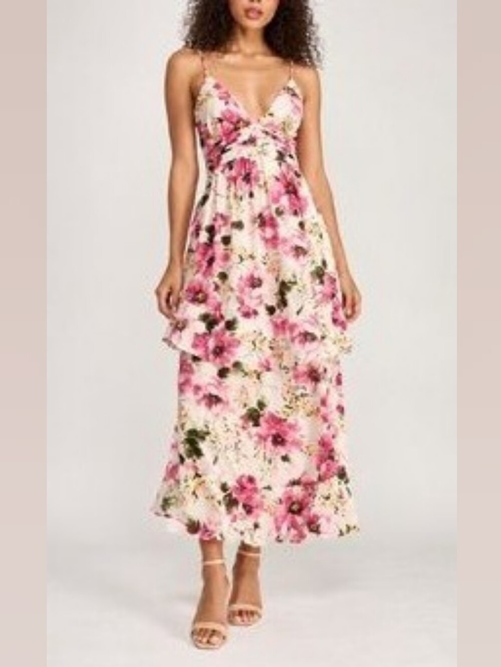 Abercrombie & Fitch Pink Floral Tiered Maxi Dress with Green Accents Like New